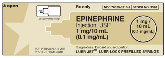 Epinephrine 0.1 mg / mL (1:10,000) Injection 10 mL Luer-Lock Perfilled Syringe Lot EA007L5  Exp 7/31/27 NDC 76329-3318-01  INTERNATIONAL MEDICATION SYSTEMS, LIMITED